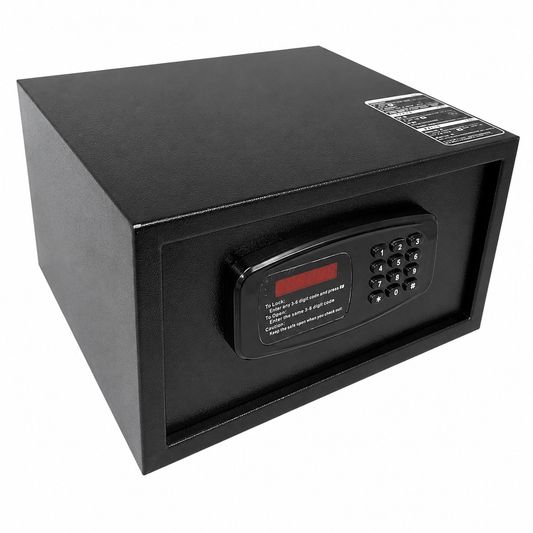 Black electronic safe box with keypad on a white background