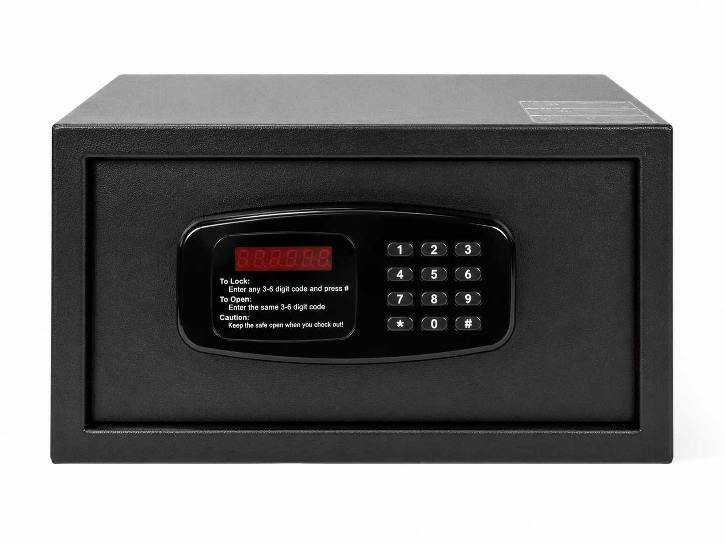 Black electronic safe box with digital keypad on a white background