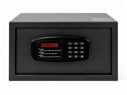 Black electronic safe box with digital keypad on a white background