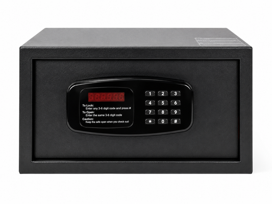 Black electronic safe box with digital keypad on a white background