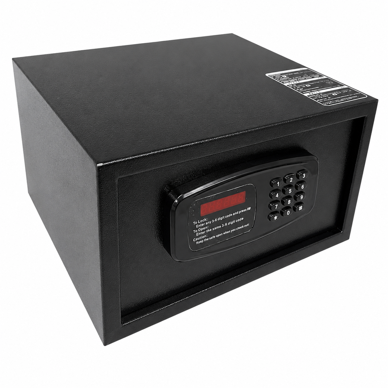 Black electronic safe box with keypad on a white background