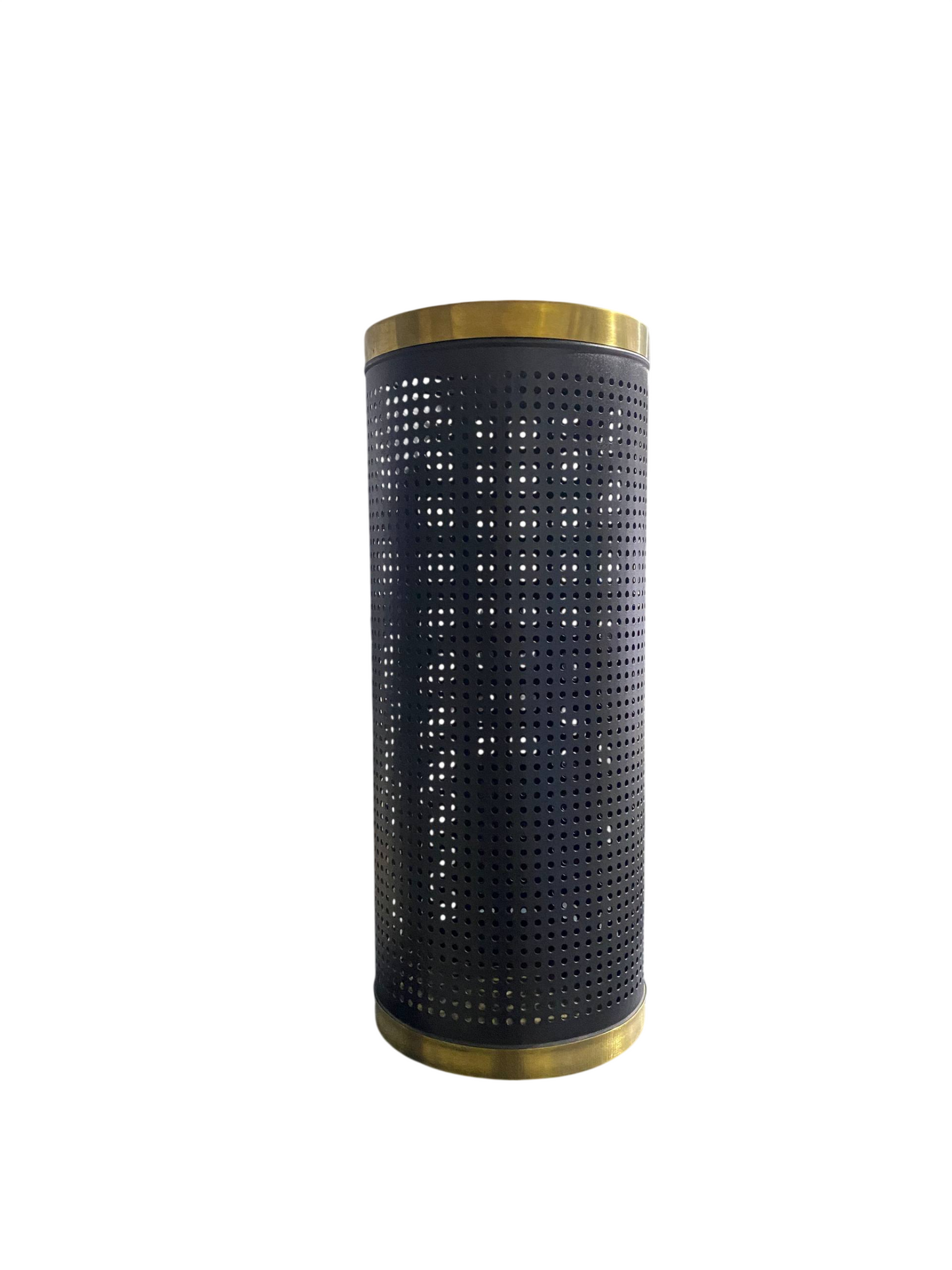 Perforated metal umbrella stand, black with silver/gold trim