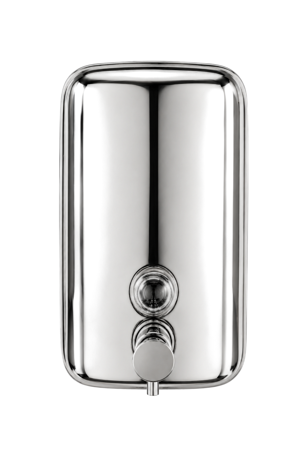 A wall-mounted soap dispenser with a , featuring a rectangular backplate, a small round lock, and a horizontal spout with a round cap, shown on a plain  background.