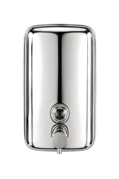 A wall-mounted soap dispenser with a , featuring a rectangular backplate, a small round lock, and a horizontal spout with a round cap, shown on a plain  background.