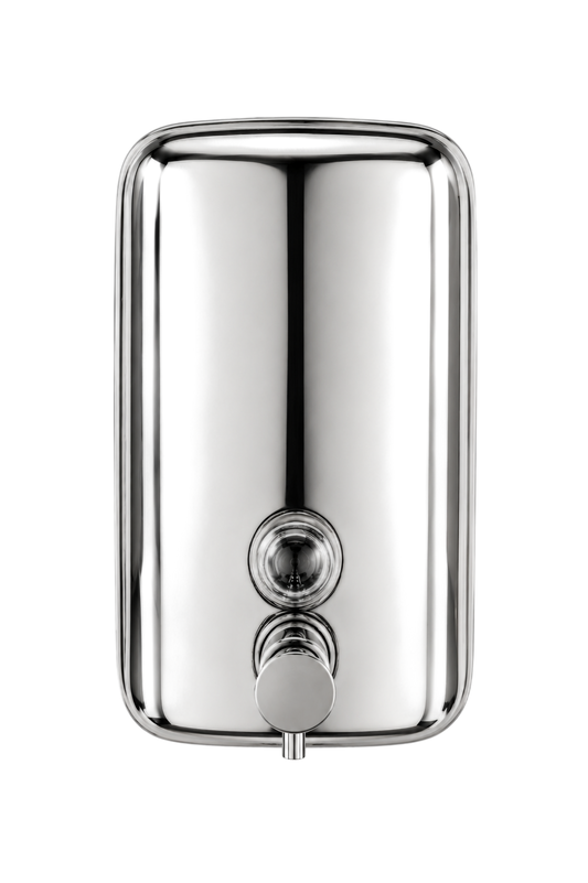 A wall-mounted soap dispenser with a , featuring a rectangular backplate, a small round lock, and a horizontal spout with a round cap, shown on a plain  background.