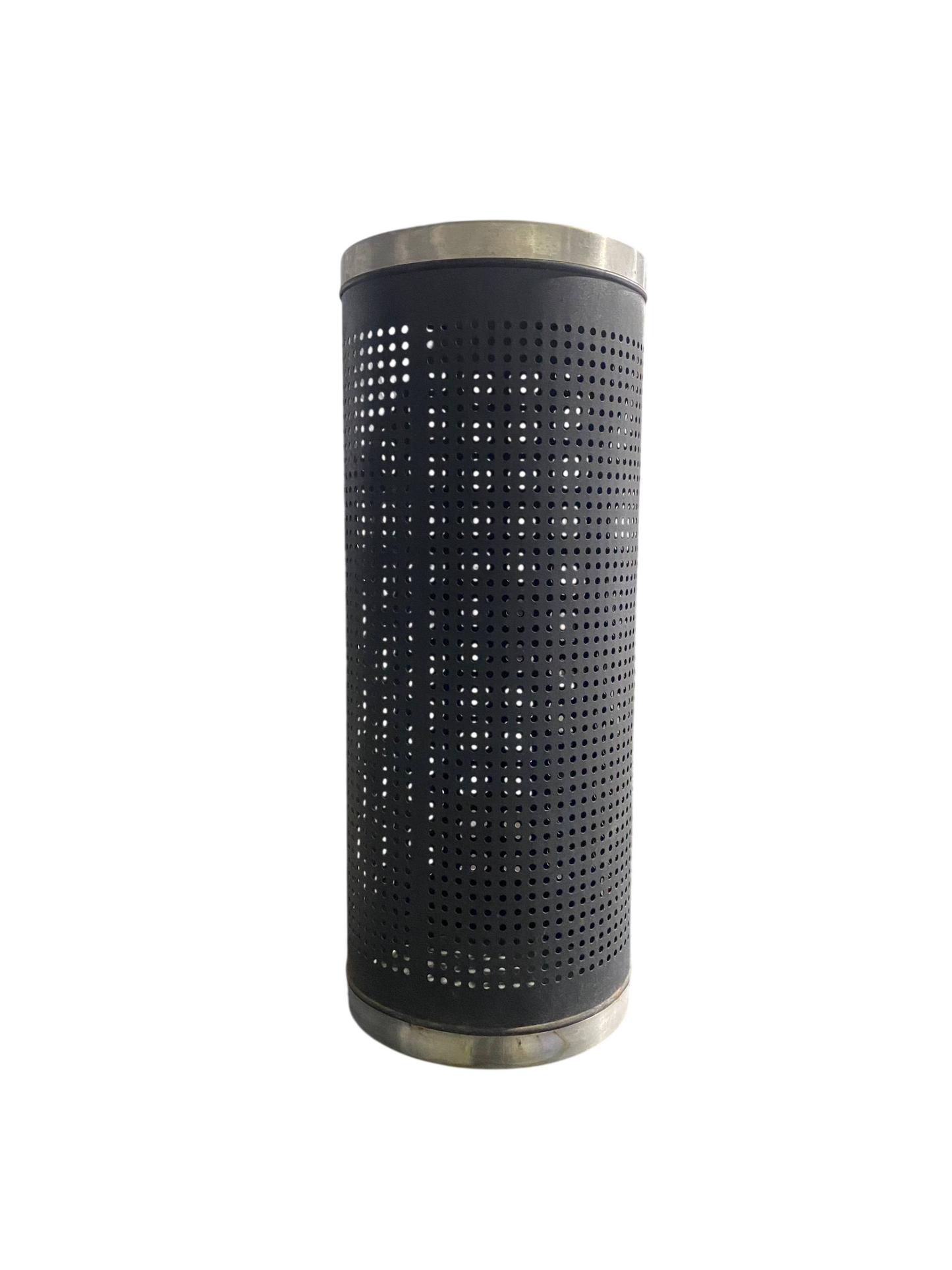 Perforated metal umbrella stand, black with silver/gold trim