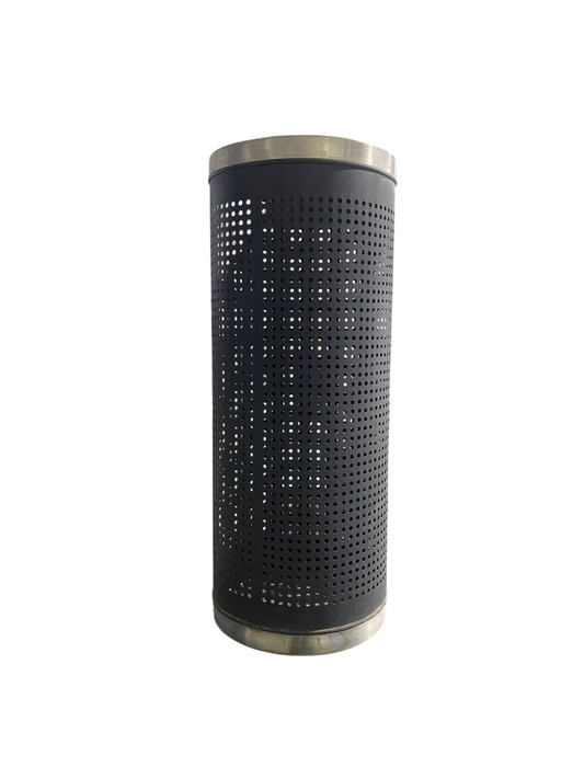 Perforated metal umbrella stand, black with silver/gold trim
