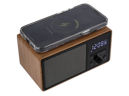 JVD Carabay desk alarm clock with Bluetooth speaker, 5W wireless charging, FM radio, LED display, dark brown